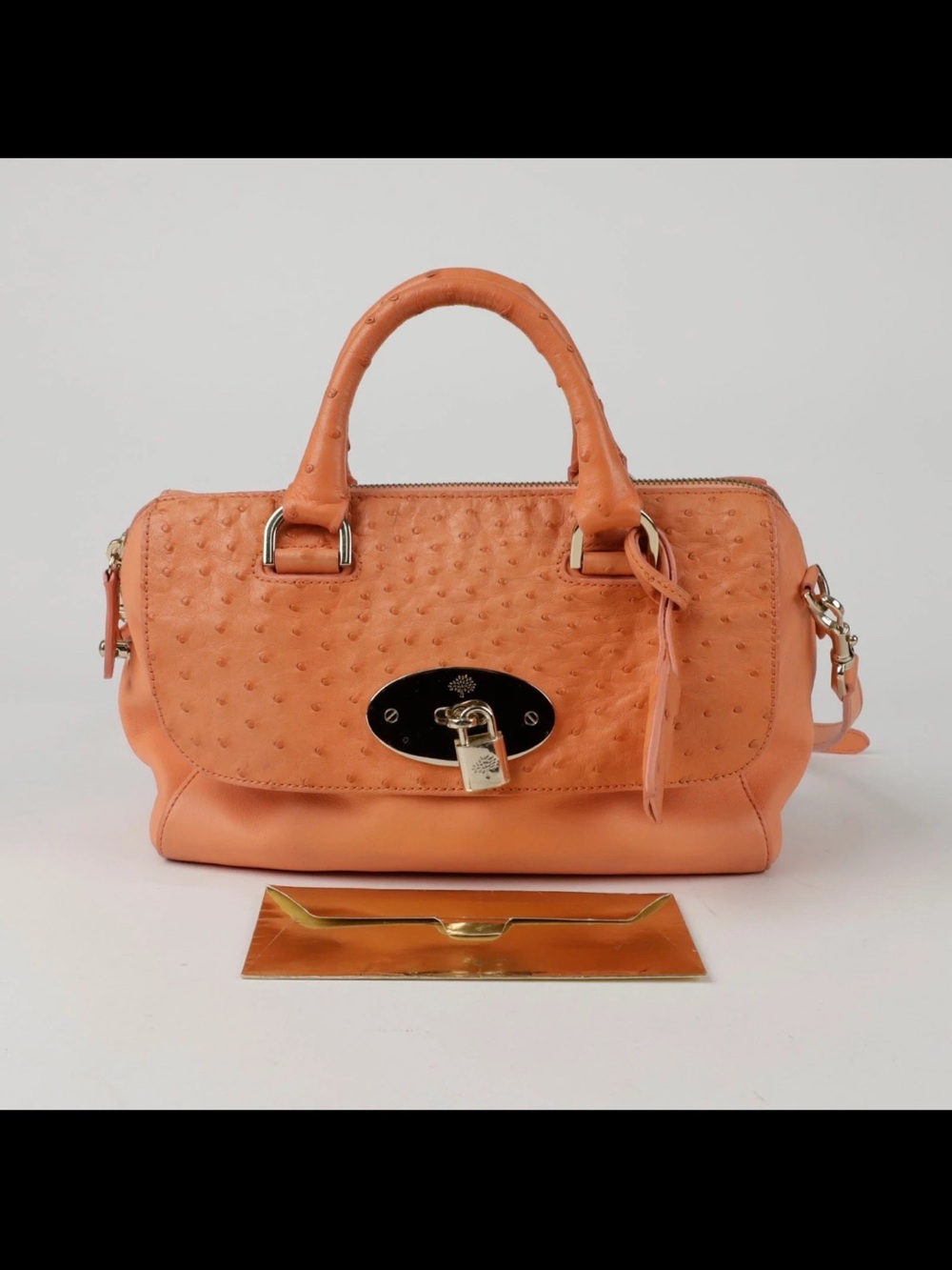Mulberry Peach Ostrich-Texture Satchel with Lock Accent